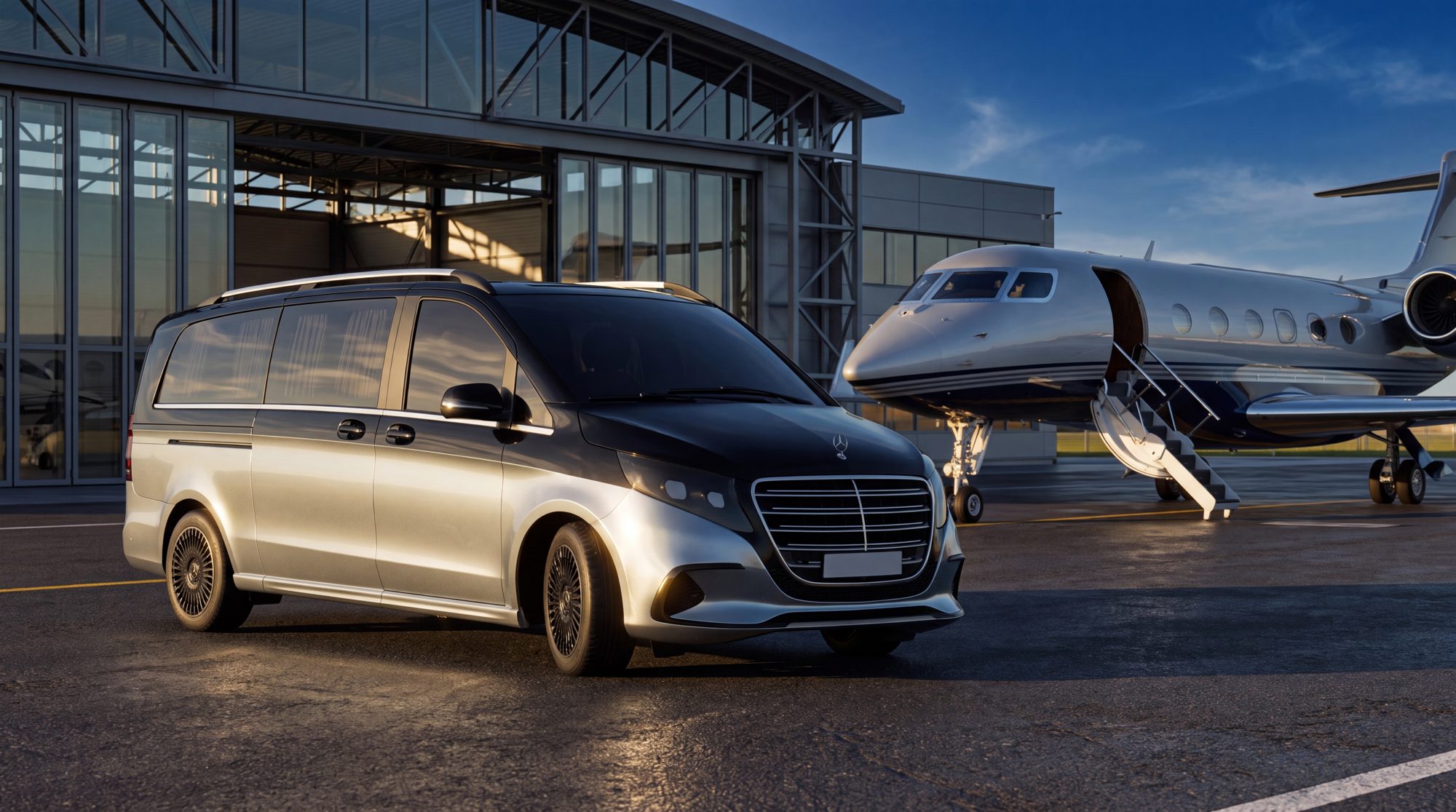 Same vehicle, AI-generated at a private jet hangar