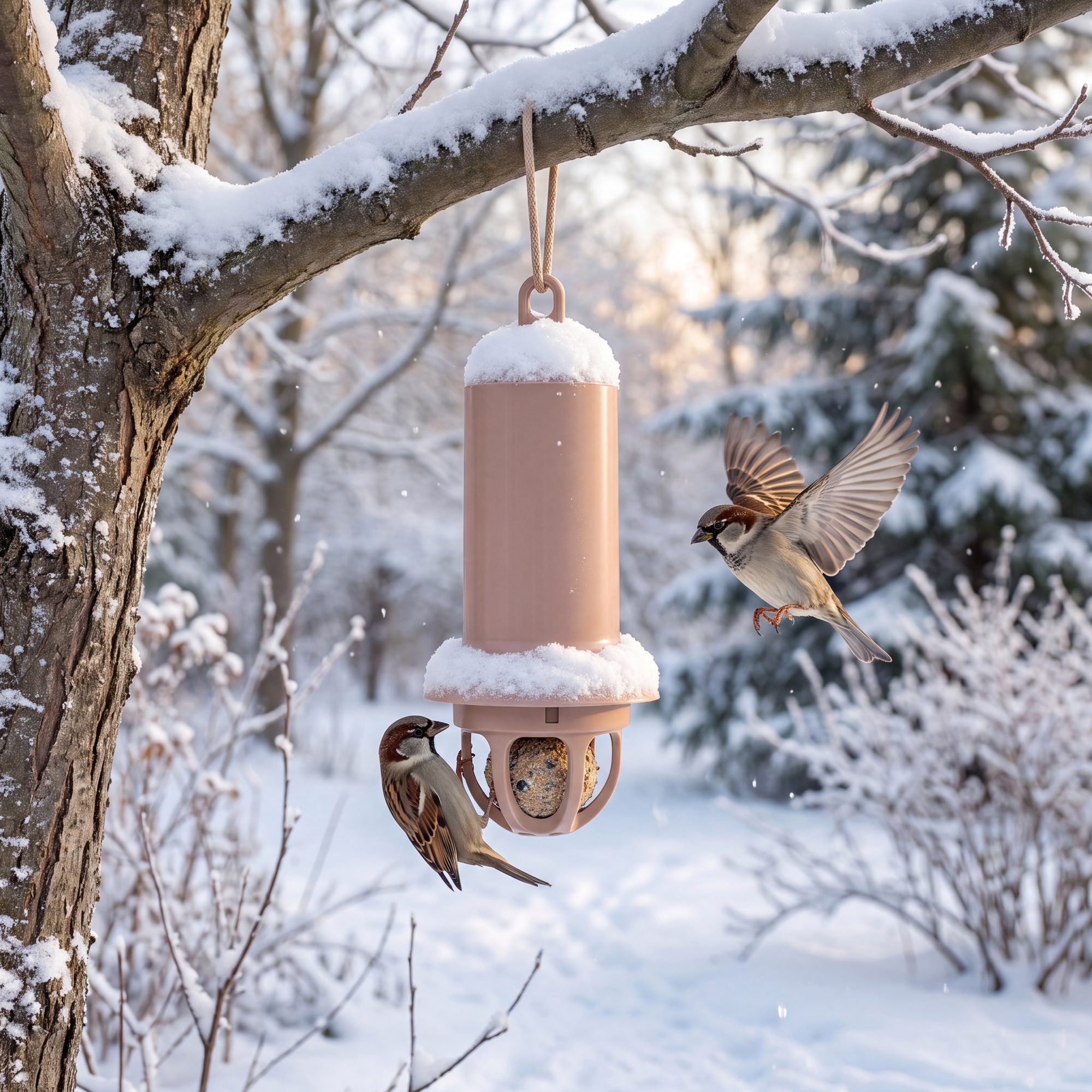 Pet feeder, AI-generated winter scene