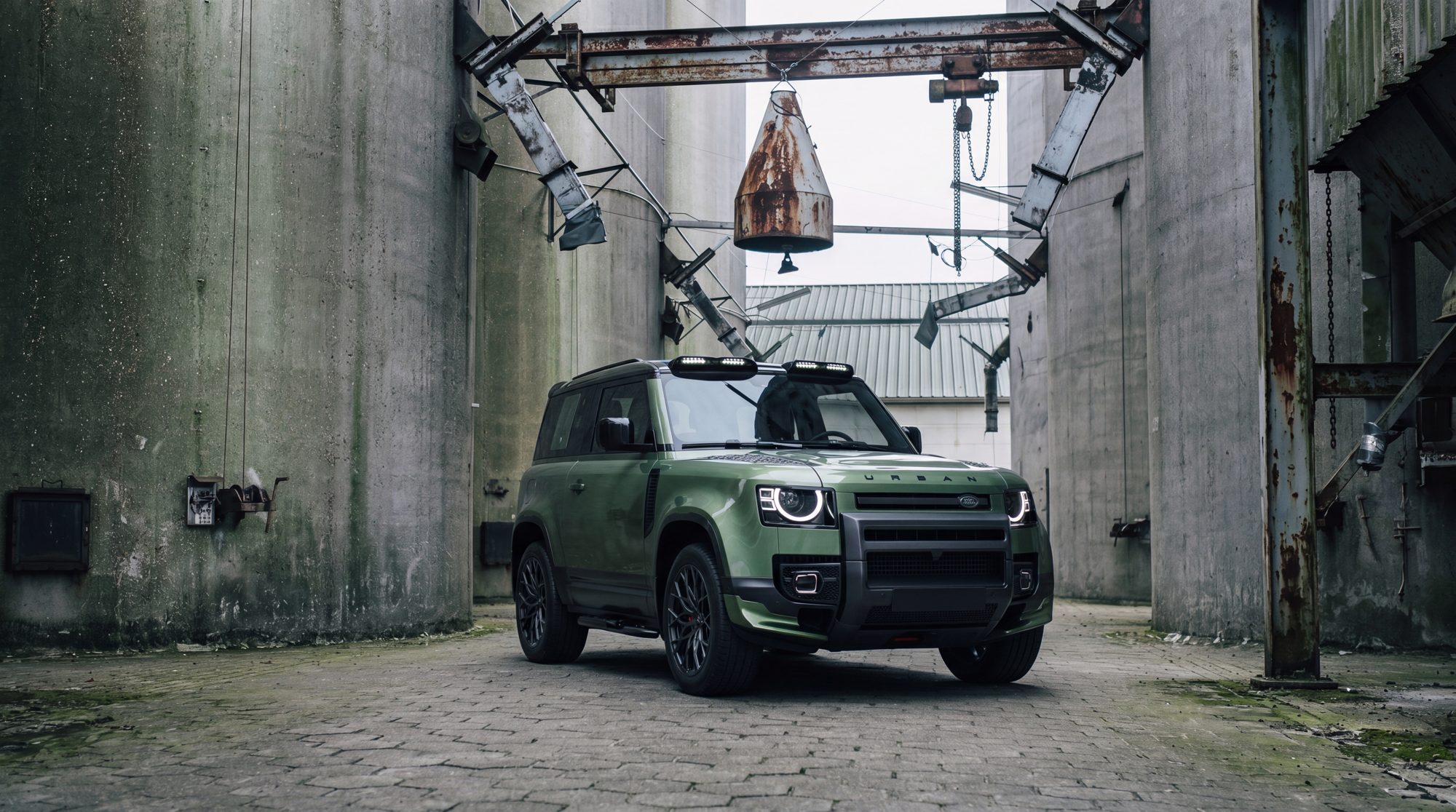 Urban Automotive vehicle in industrial setting, generated in Spaces